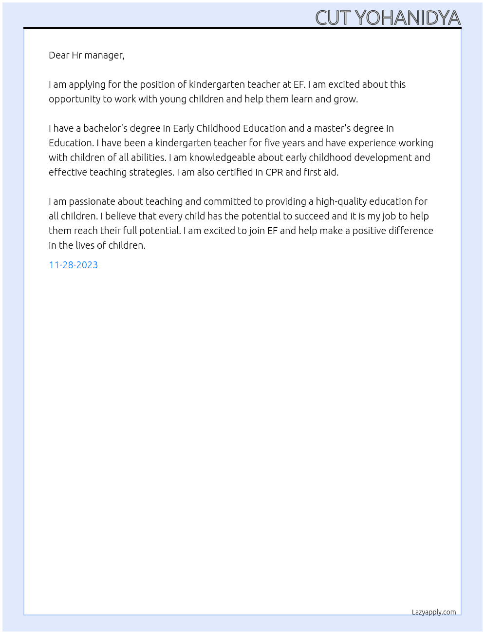 Kindergarten teacher At EF Cover Letter
