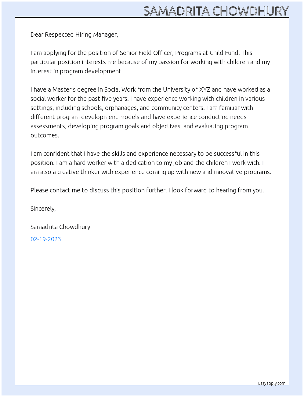 Senior Field Officer, Programs At Child Fund Cover Letter