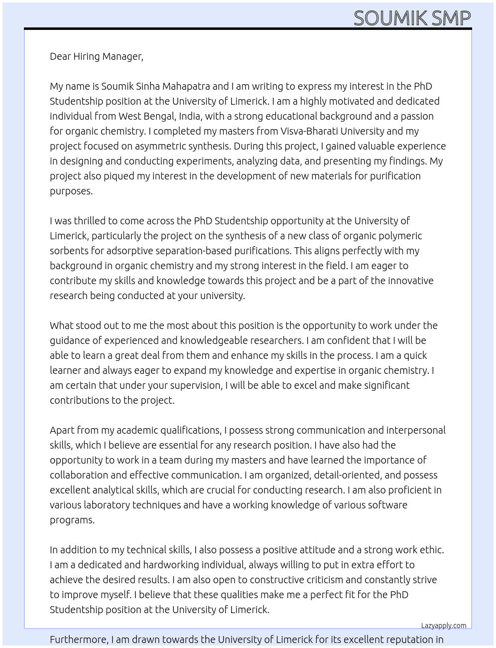 PhD Studentship  At University of Limerick  Cover Letter