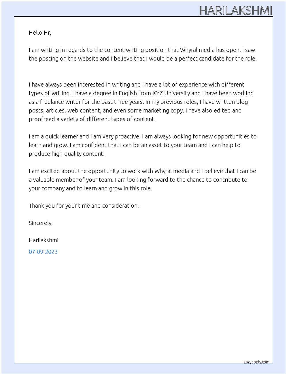 Content writing  At Whyral media Cover Letter