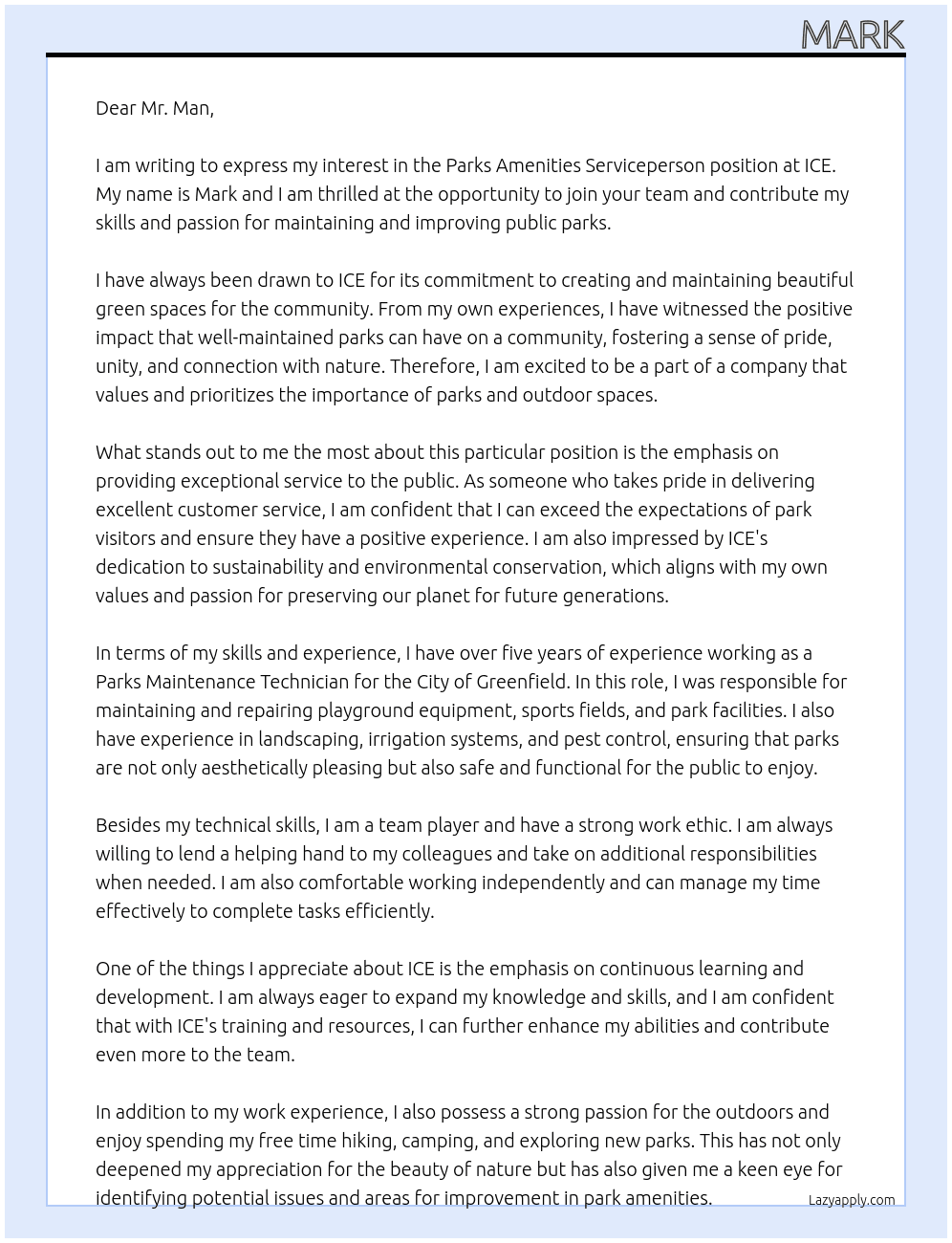 Parks Amenities Serviceperson At ICE Cover Letter