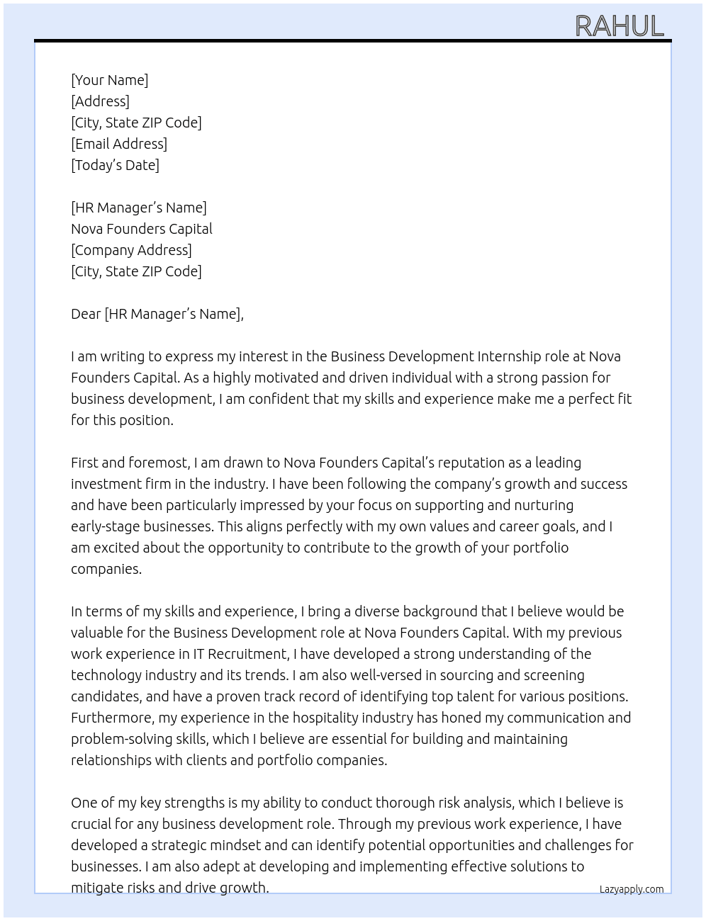 Business development At Nova Founders Capital  Cover Letter