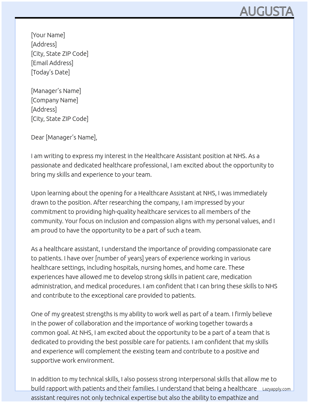 Healthcare Assistant At NHS  Cover Letter