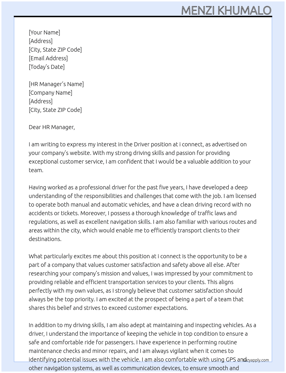 Driver At i connect Cover Letter
