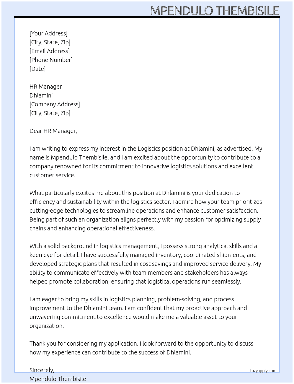 Logistics At Dhlamini Cover Letter