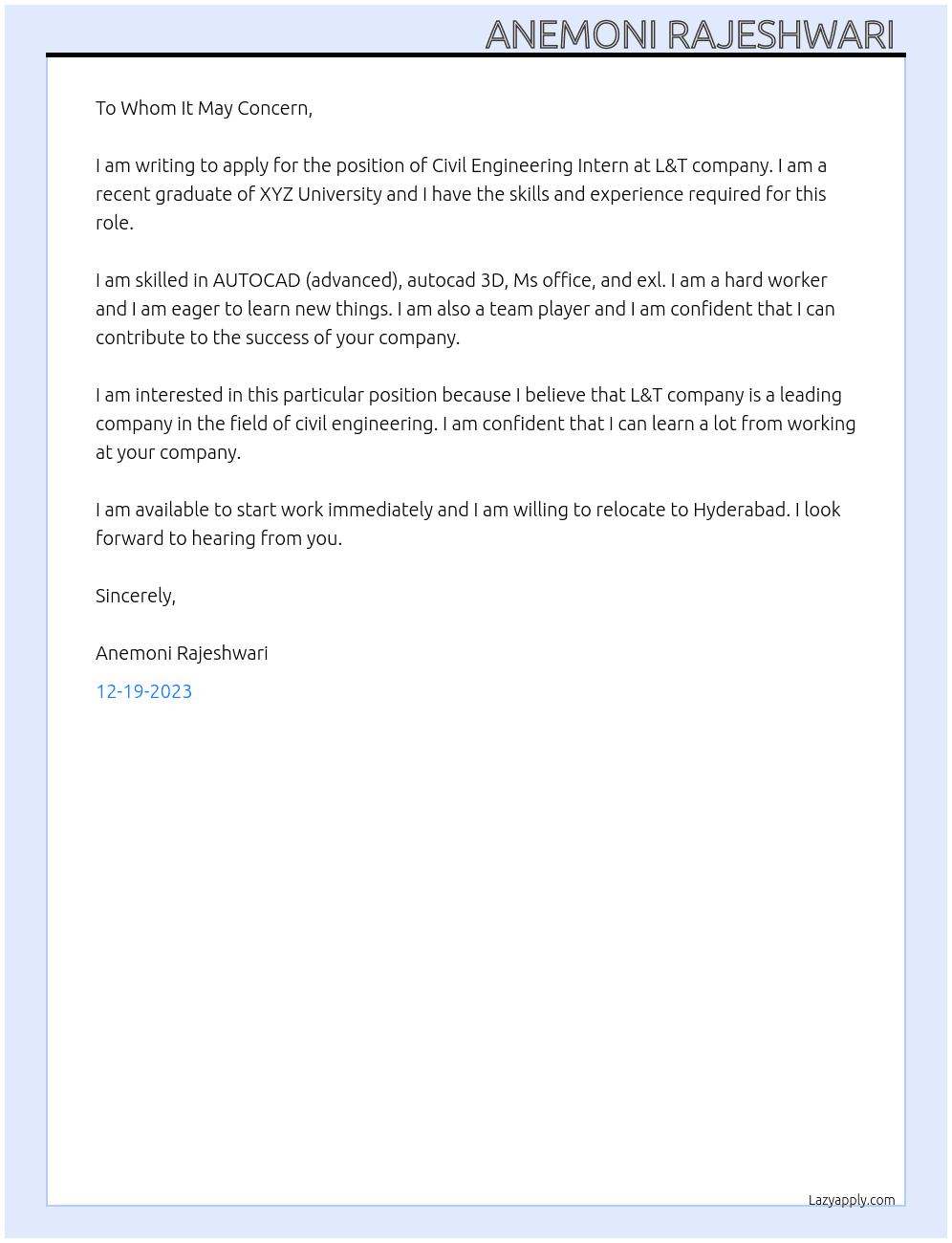 Civil engineering  At L&T company  Cover Letter