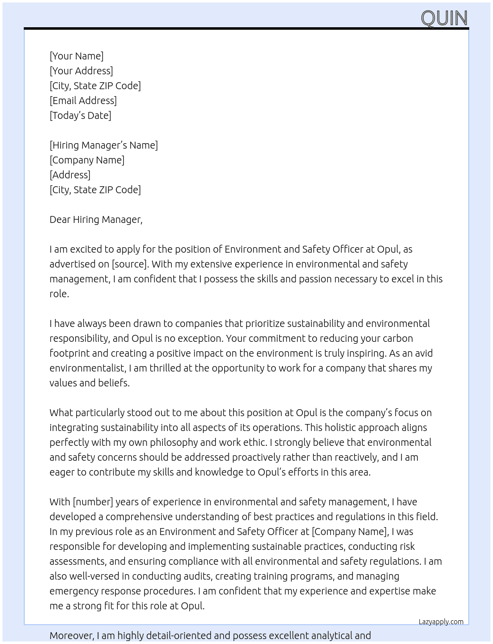 Environment and Safety Officer At Opul Cover Letter