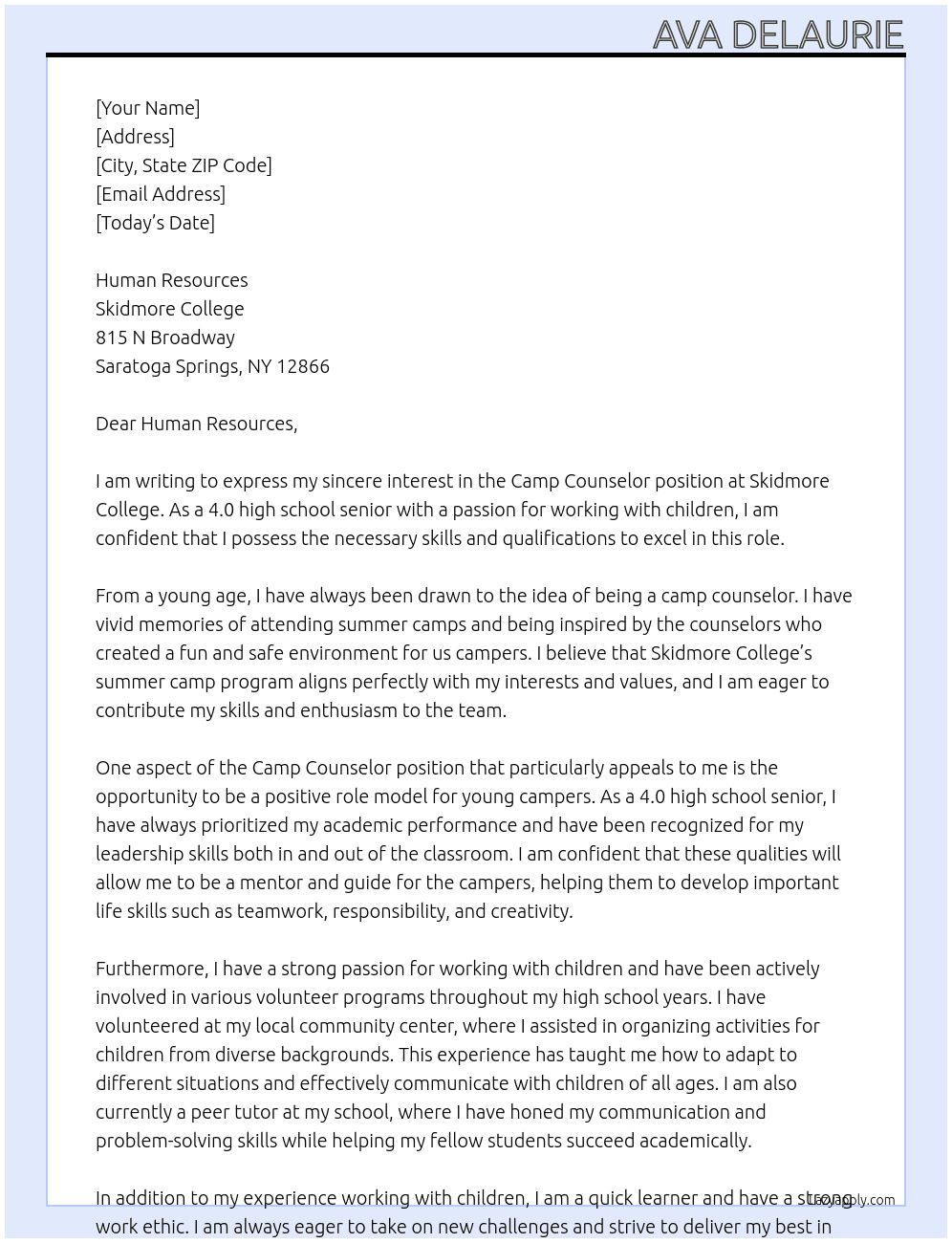 Camp Counselor  At Skidmore College Cover Letter