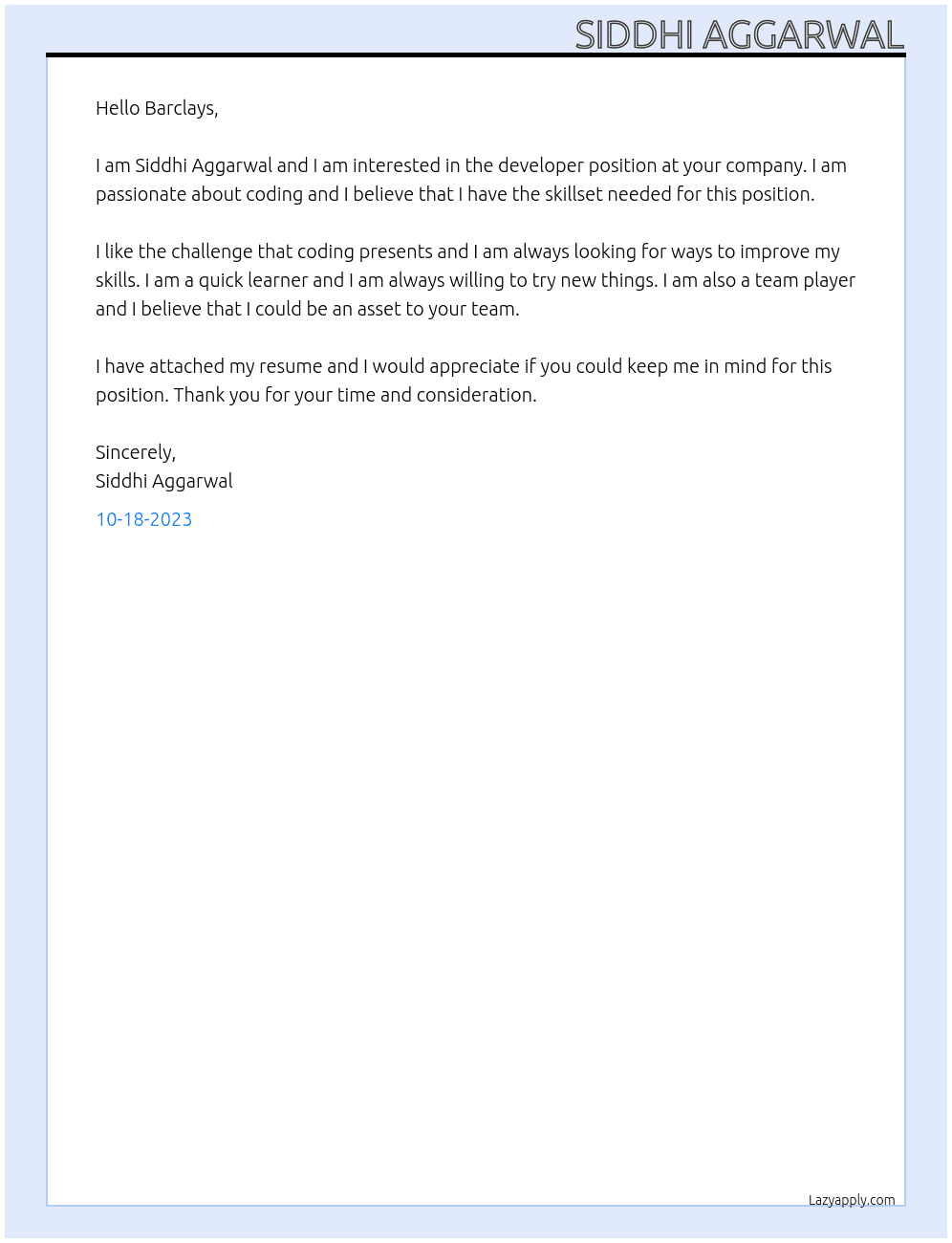 Developer At Barclays Cover Letter