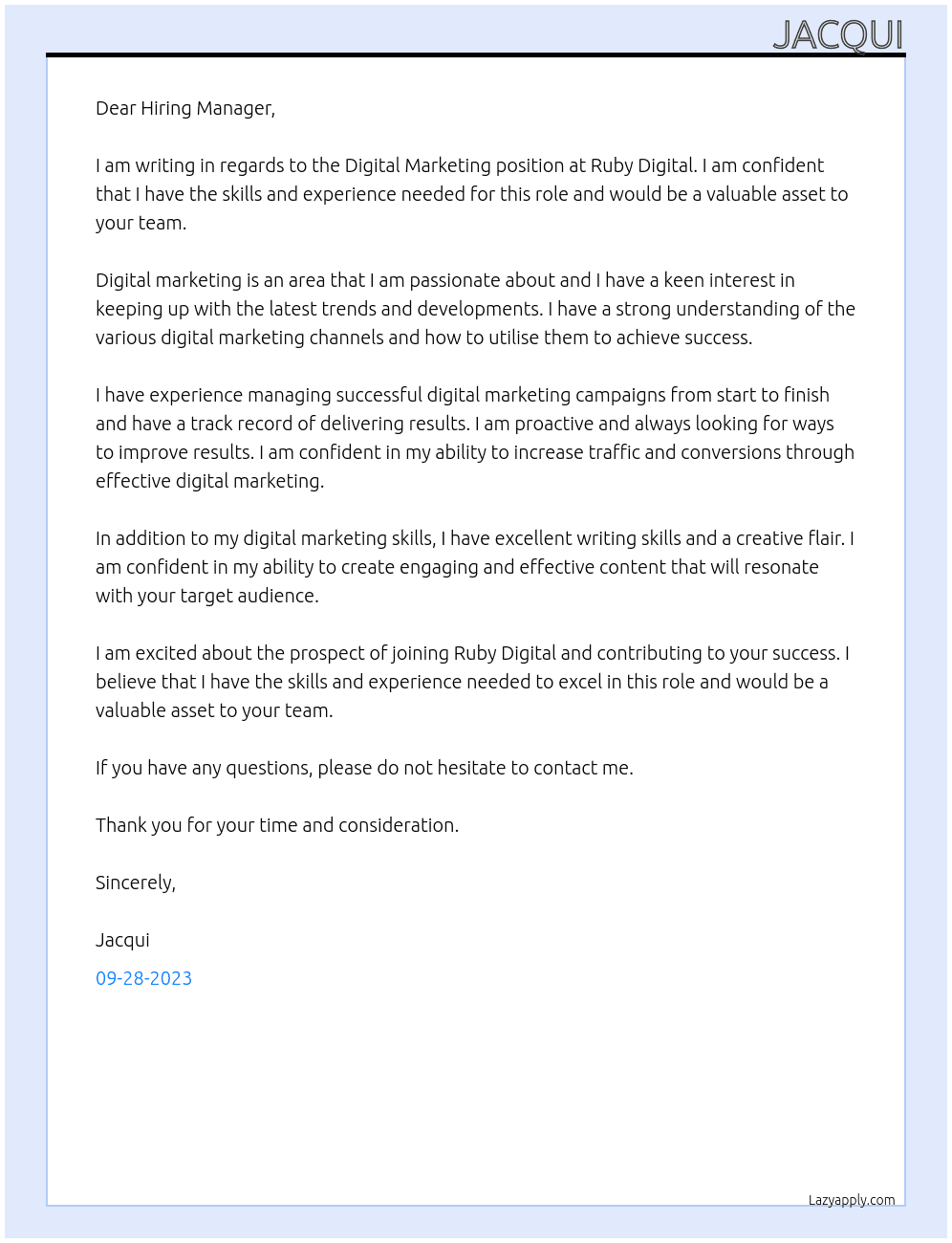 DIGITAL MARKETING  At Ruby Digital  Cover Letter