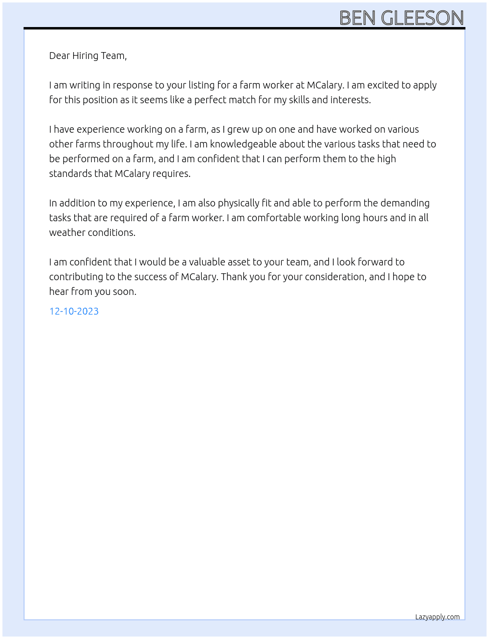Farm Worker At MCALARY Cover Letter