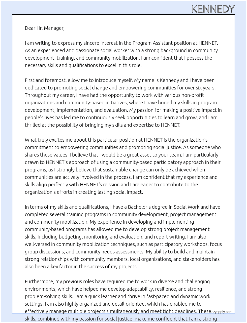Program assistant At HENNET Cover Letter