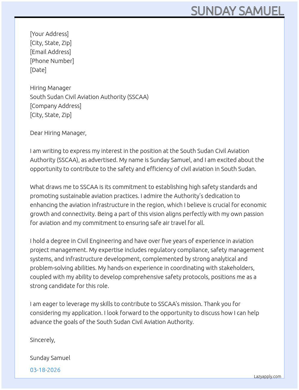 Cover letter for civil aviation authority - LazyApply