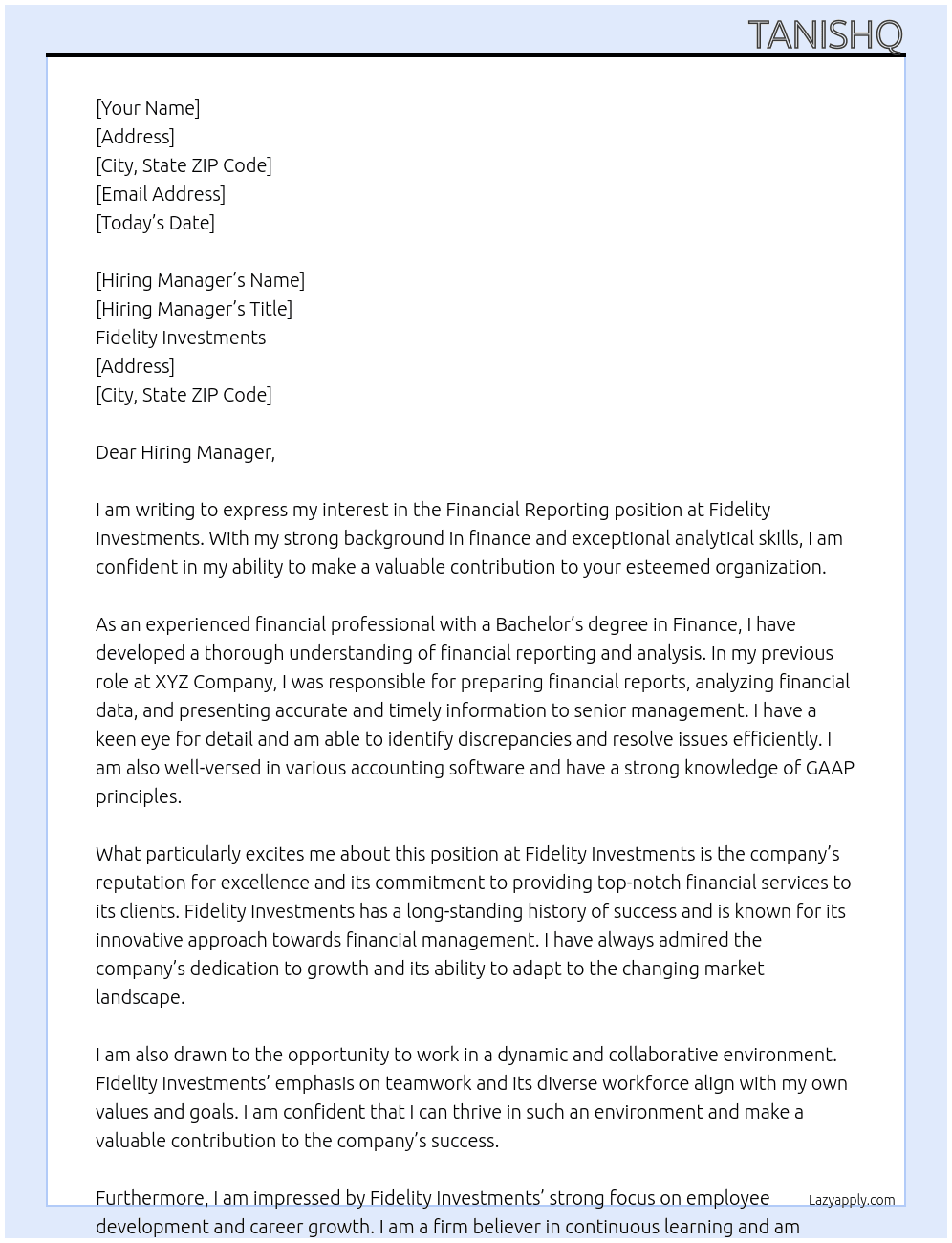Financial Reporting At Fidelity Investments Cover Letter