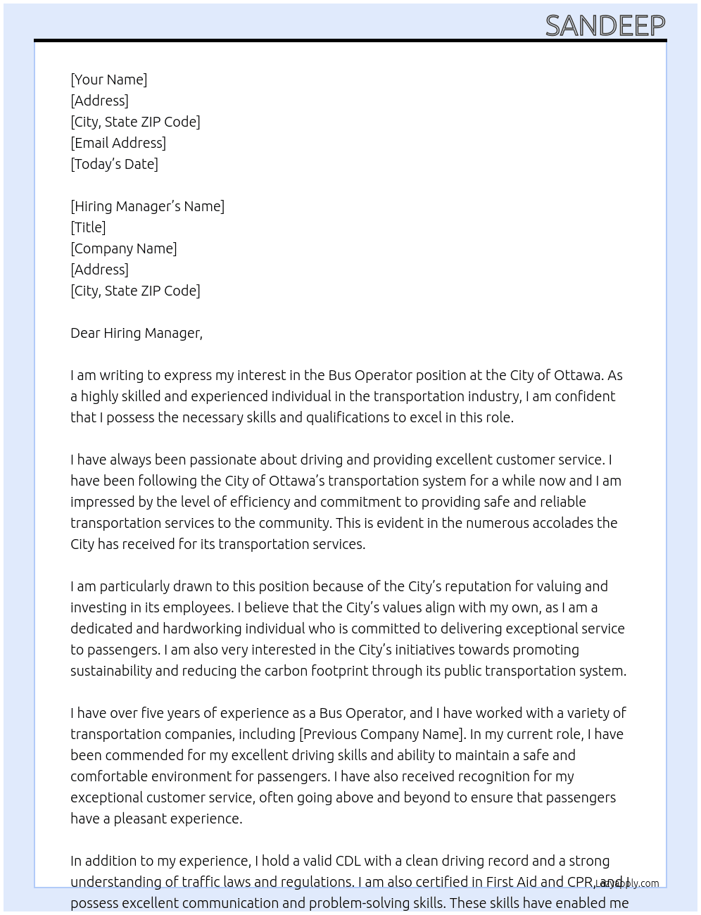 Bus operator At City of Ottawa Cover Letter
