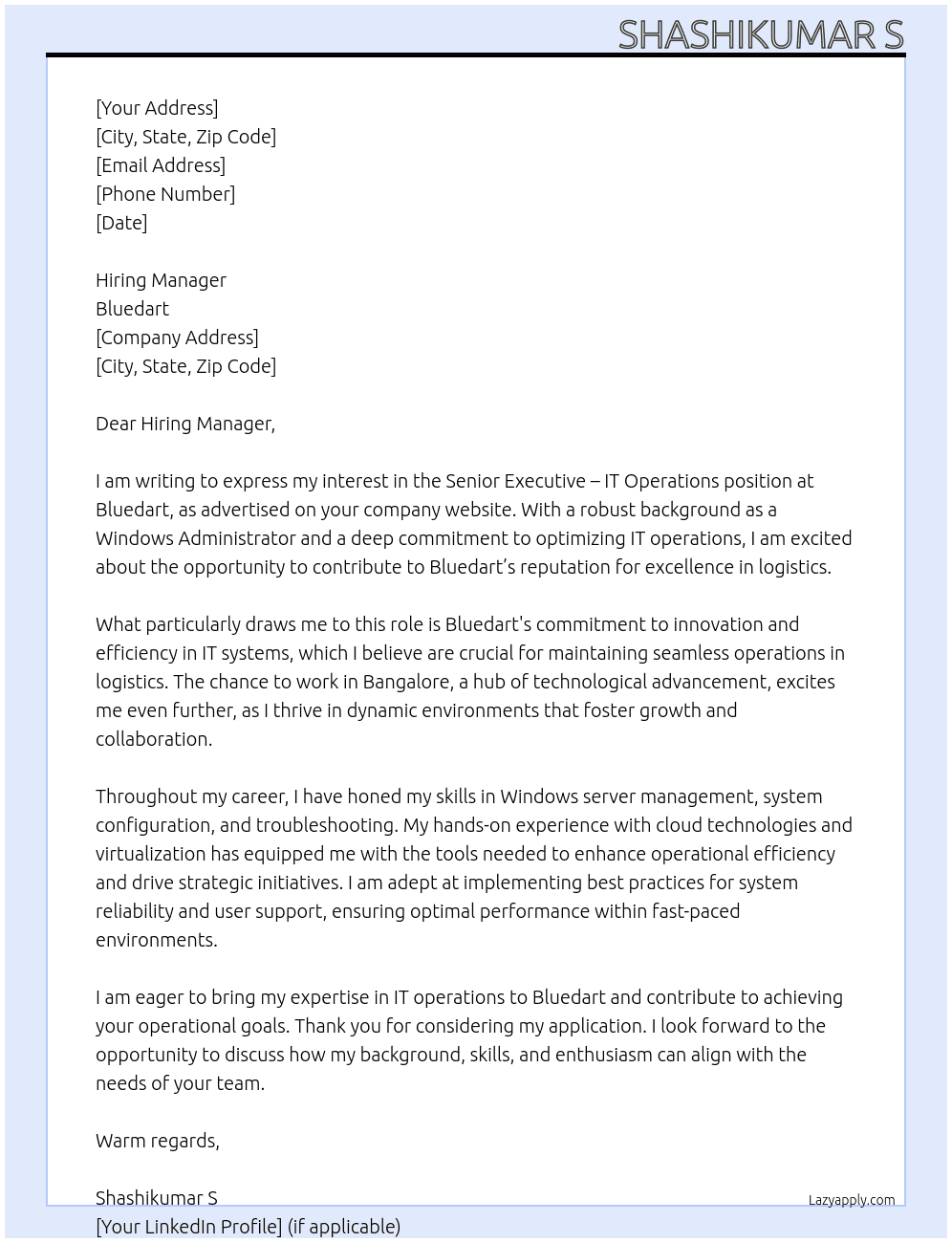 Senior Executive – IT Operations At Bluedart  Cover Letter