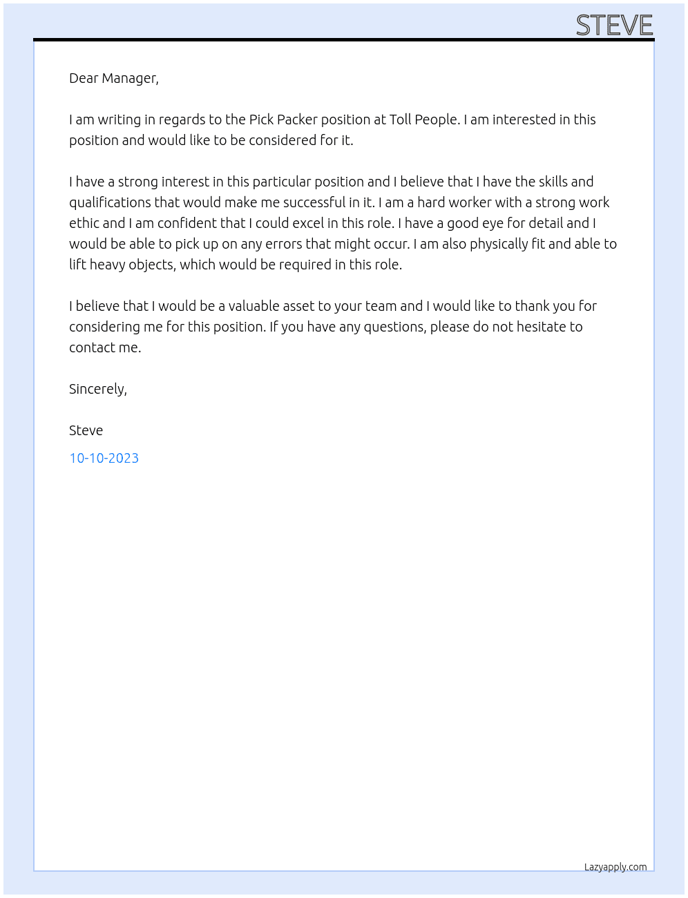 Pick Packer At Toll People Cover Letter