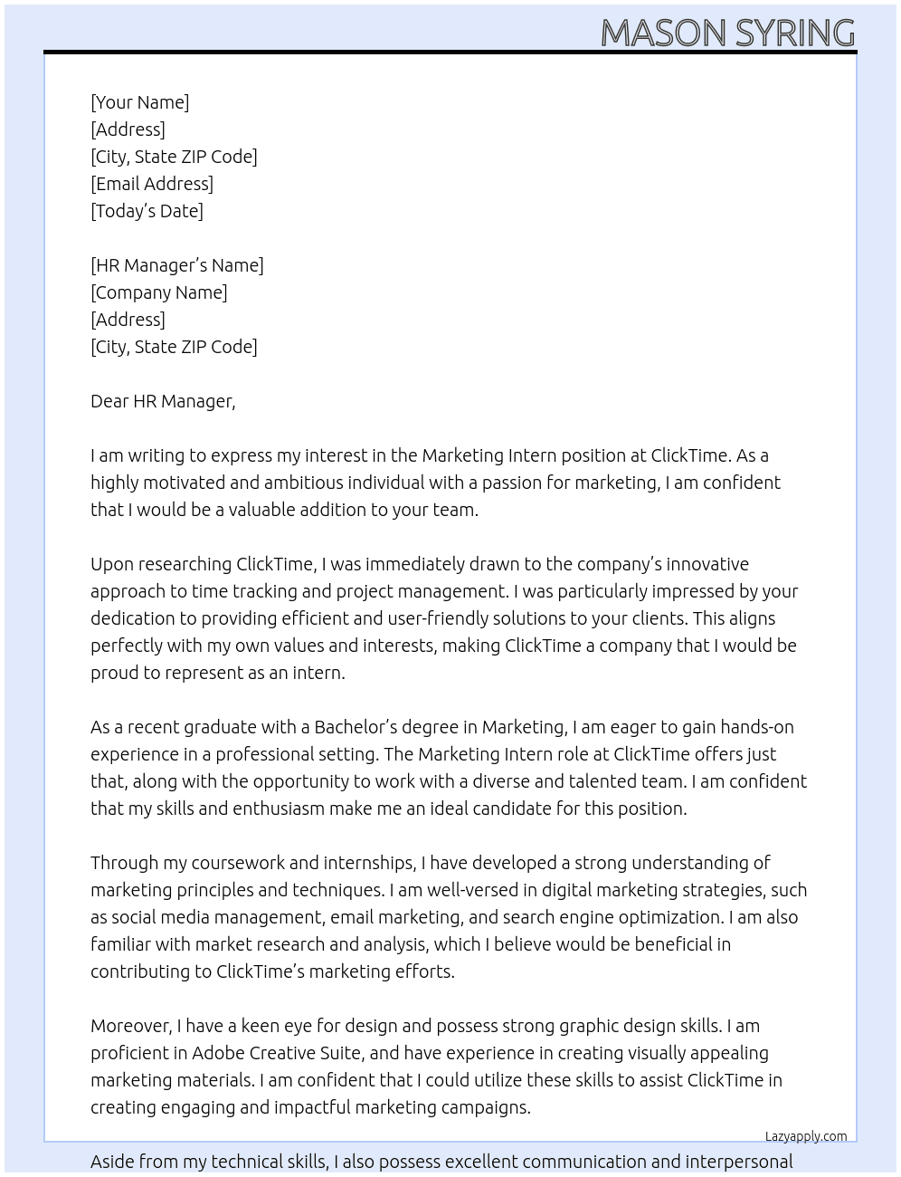 Marketing intern  At ClickTime Cover Letter