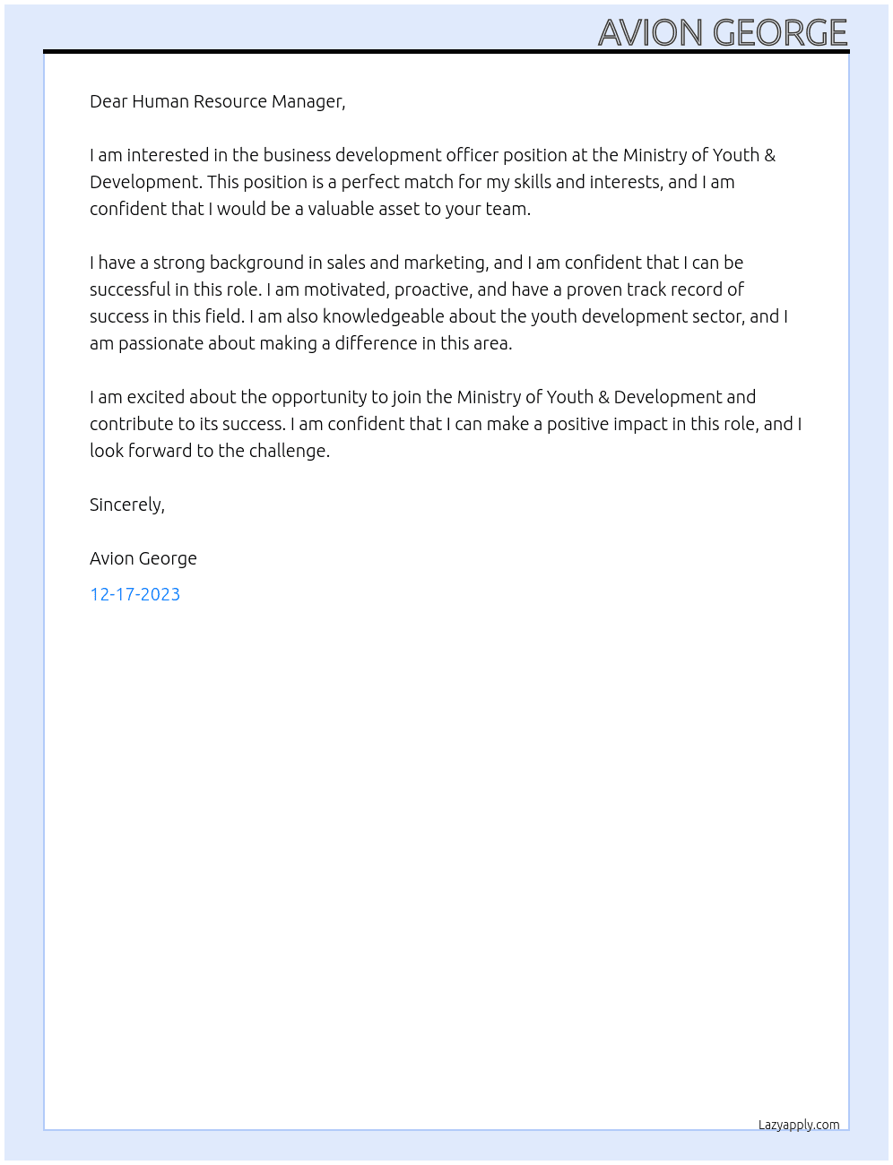 business development officer At Ministry of Youth & Development Cover Letter