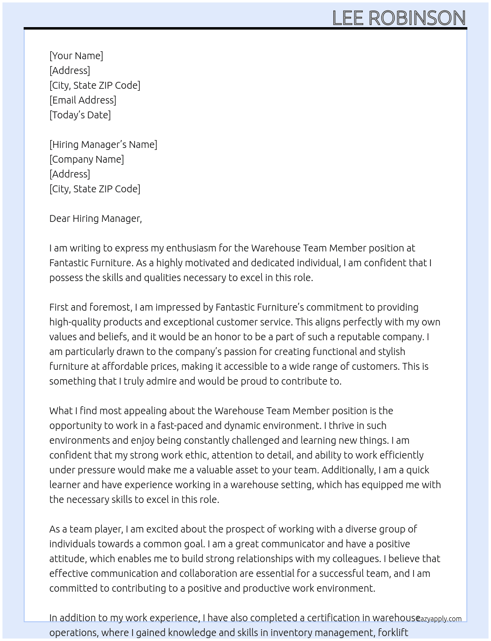 Warehouse team member  At Fantastic furniture  Cover Letter