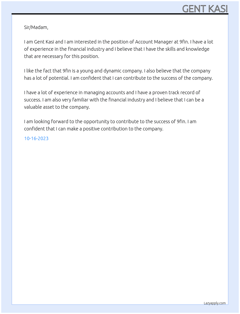 Account Manager At 9fin Cover Letter