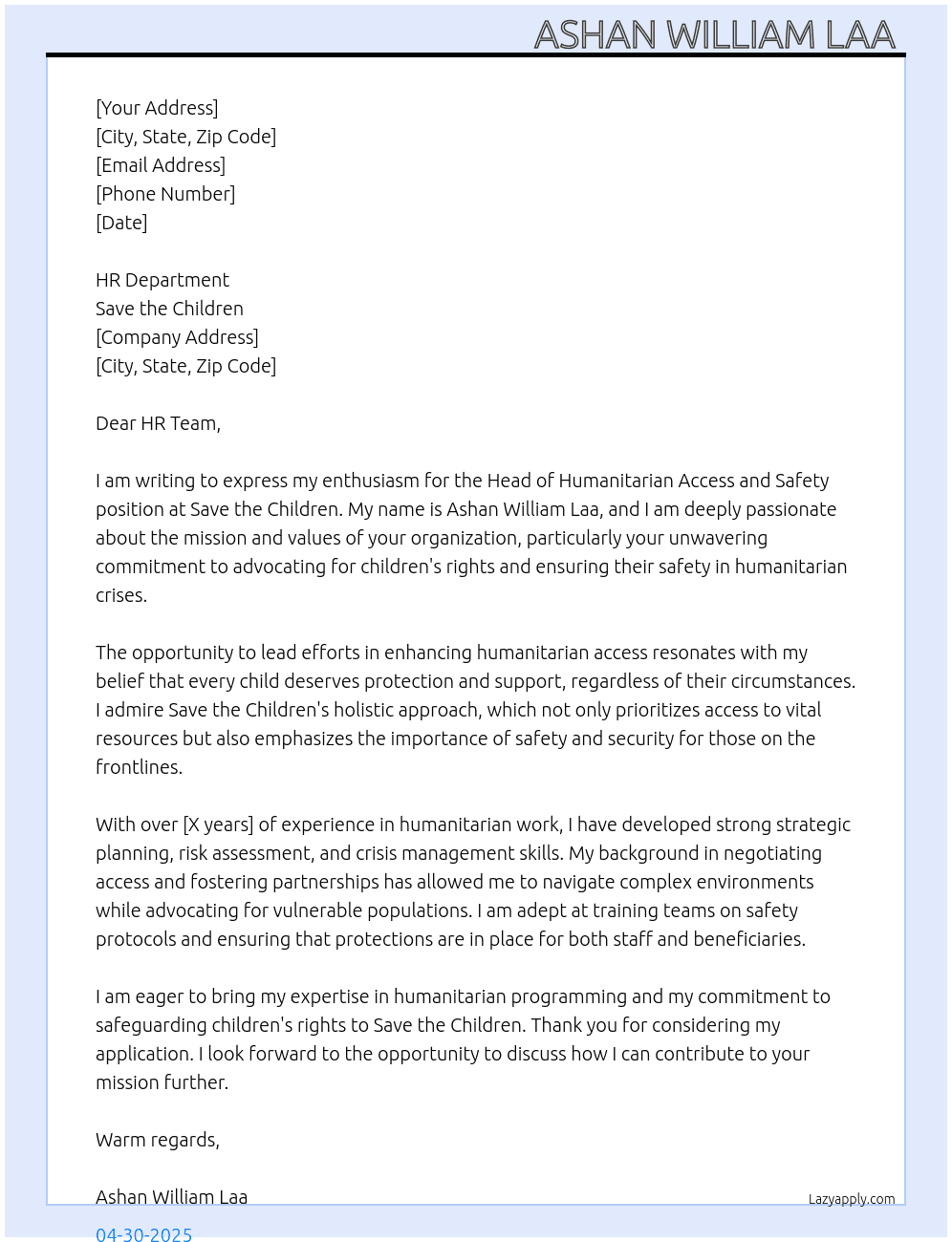 Cover letter for head of humanitarian access and safety - LazyApply