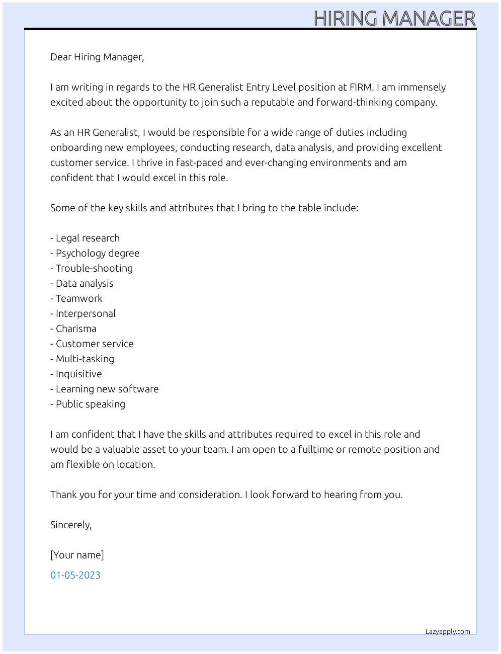 HR Generalist Entry Level At FIRM Cover Letter