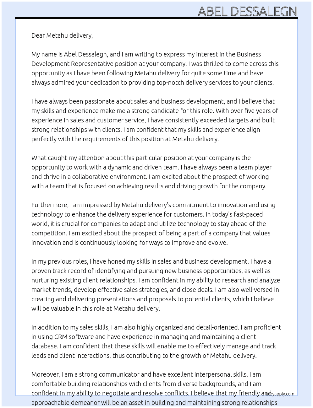 Business development representative  At Metahu delivery  Cover Letter