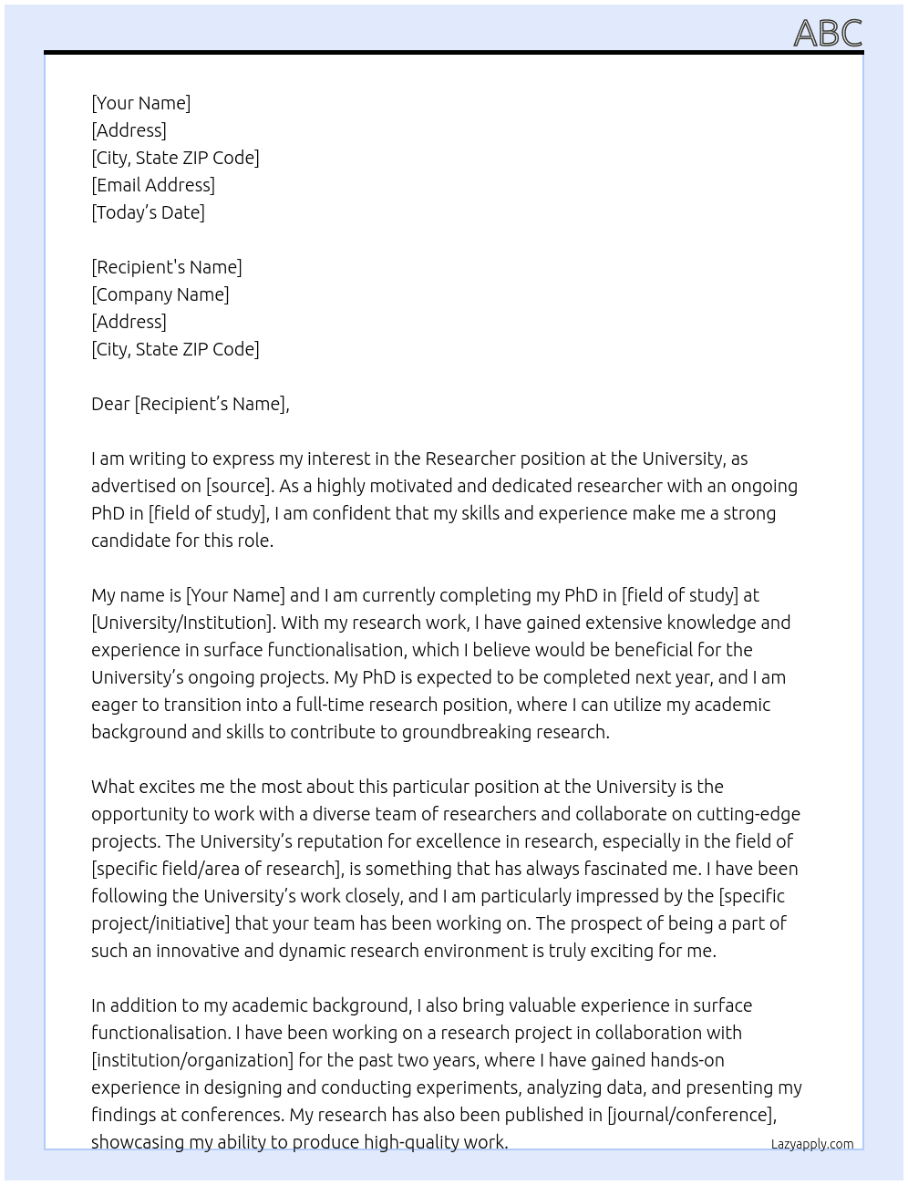Researcher At University  Cover Letter