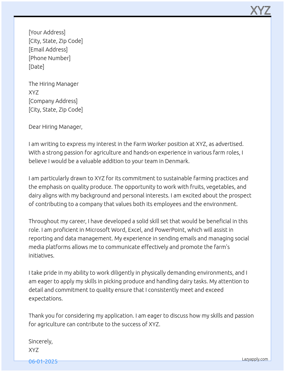 Farm Worker At XYZ Cover Letter