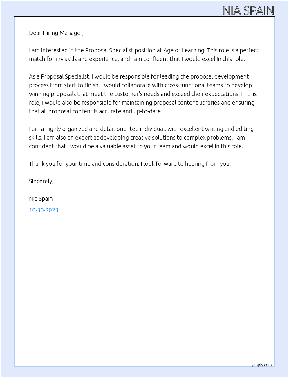 Proposal Specialist  At Age of Learning  Cover Letter