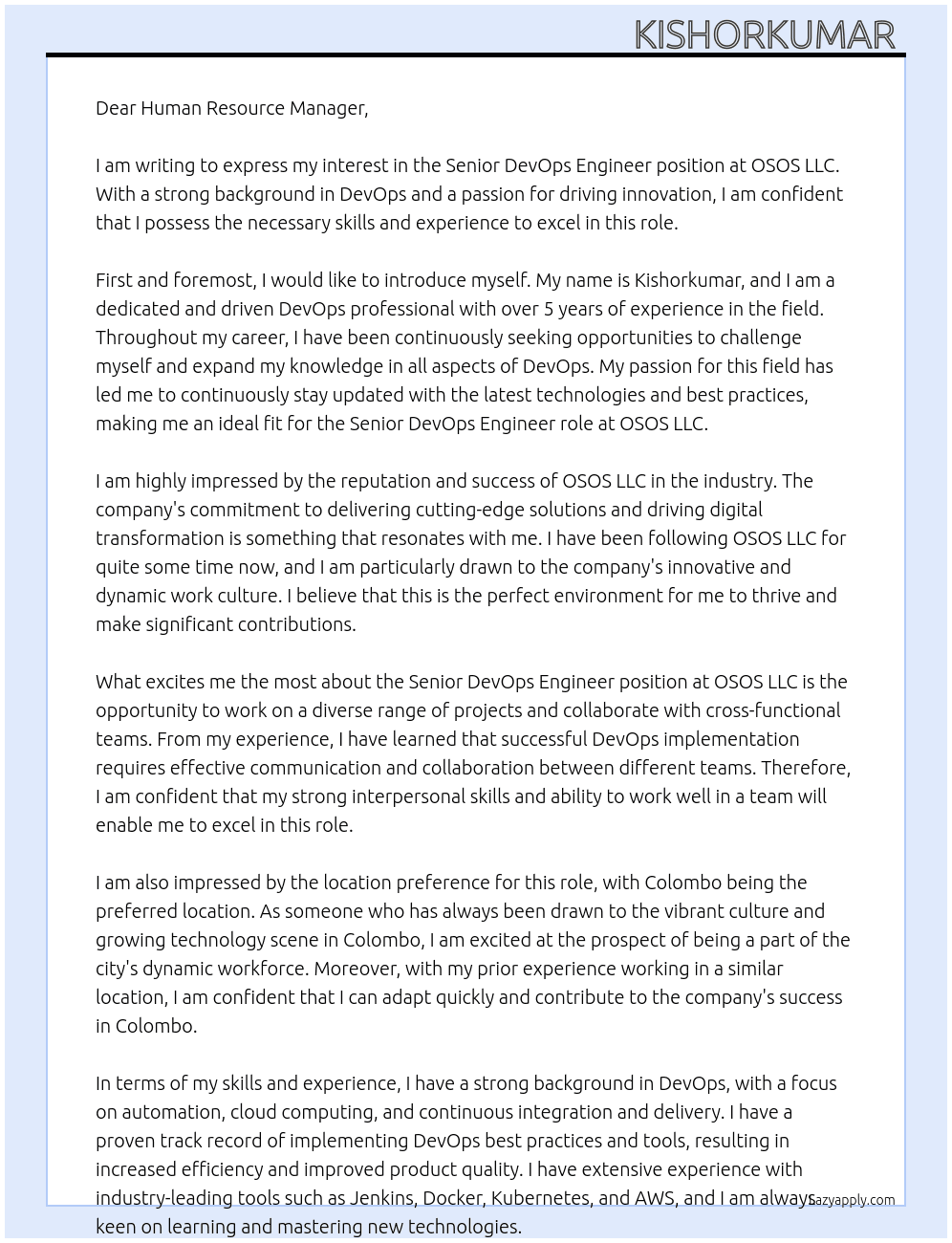 senior devops engineer  At OSOS LLC Cover Letter
