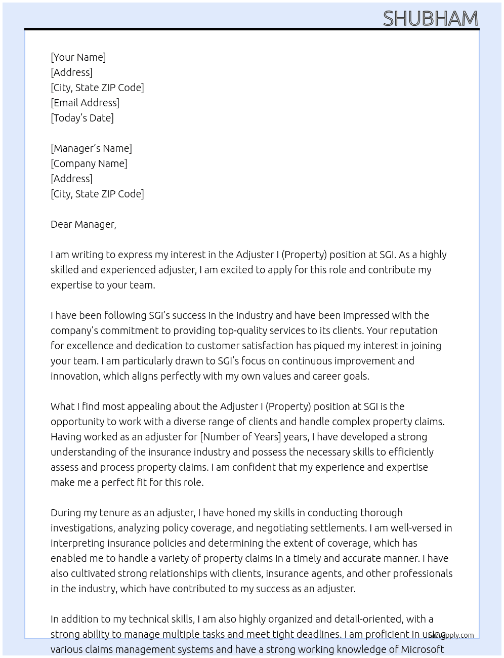 Adjuster I (Property) At SGI Cover Letter