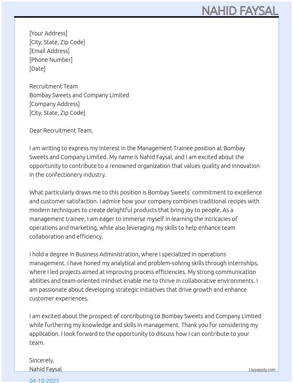 management trainee At Bombay sweets and company limited Cover Letter
