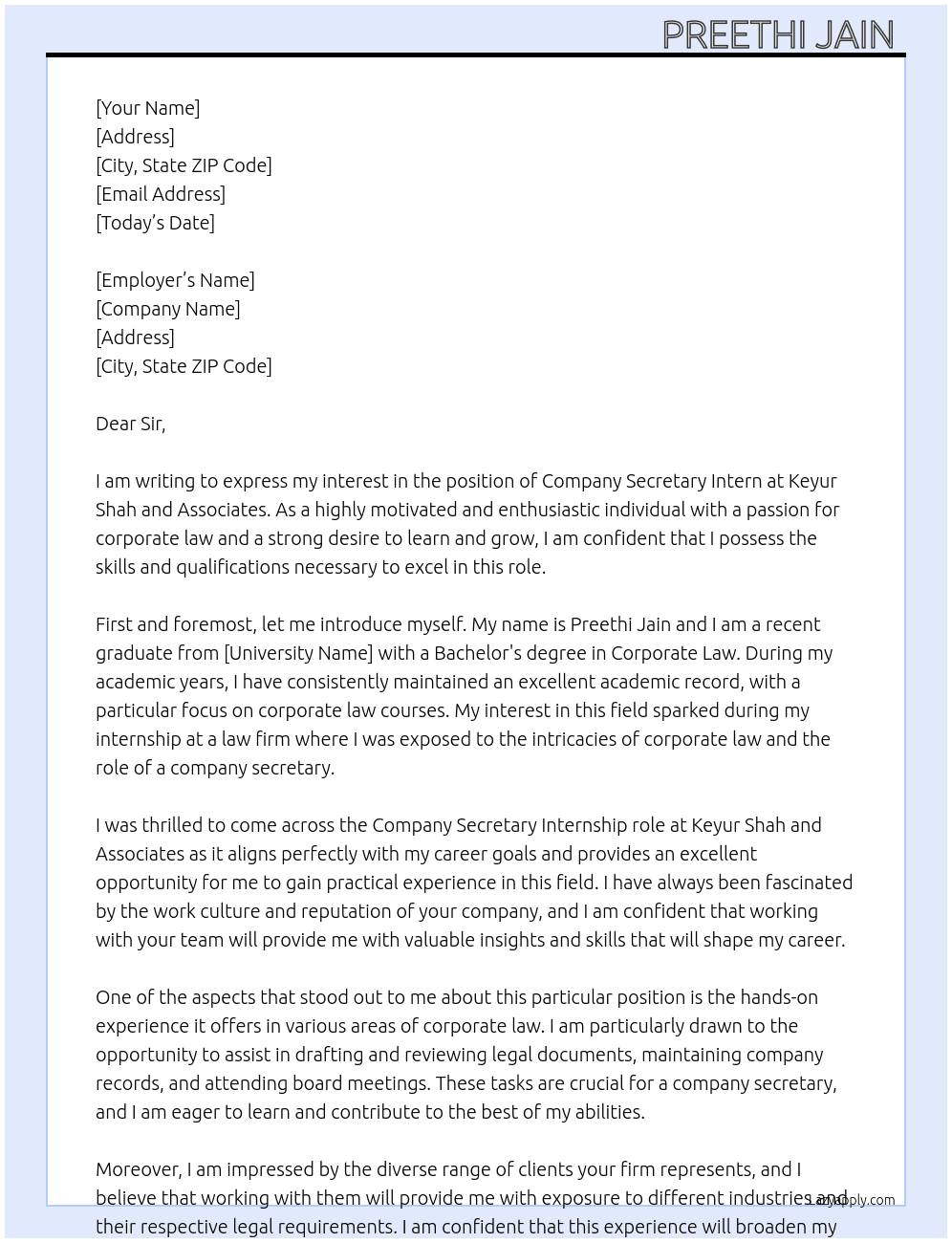 Company secretary intern  At Keyur Shah and Associates  Cover Letter