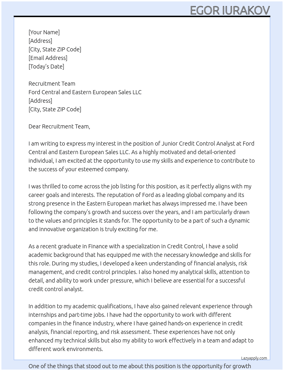 Junior Credit Control Analyst At Ford Central and Eastern European Sales LLC Cover Letter
