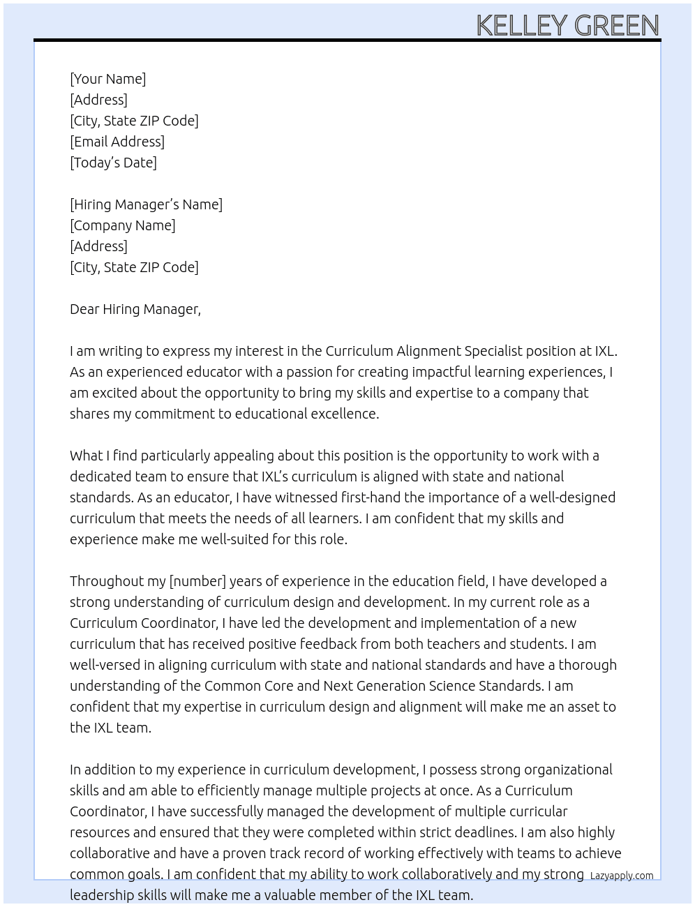 Curriculum Alignment Specialist At IXL Cover Letter