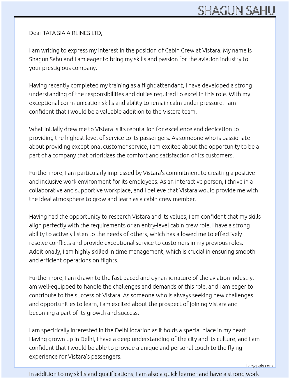 Cabin crew  At Vistara  Cover Letter