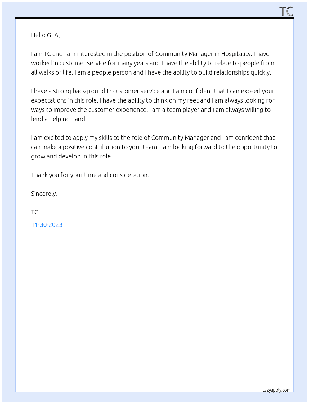 Community Manager in Hospitality At GLA Cover Letter