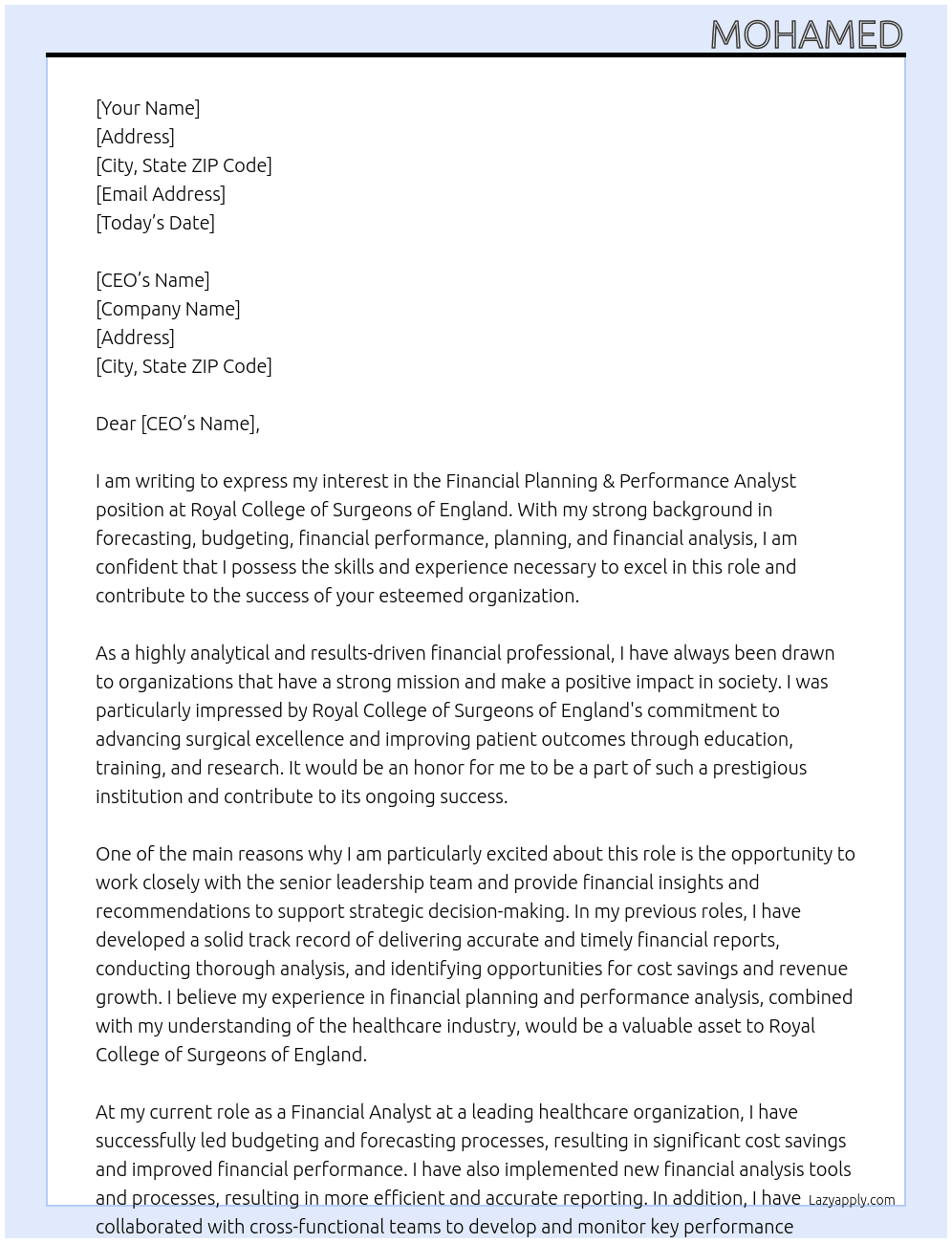  Financial Planning & Performance Analyst At Royal College of Surgeons of England Cover Letter