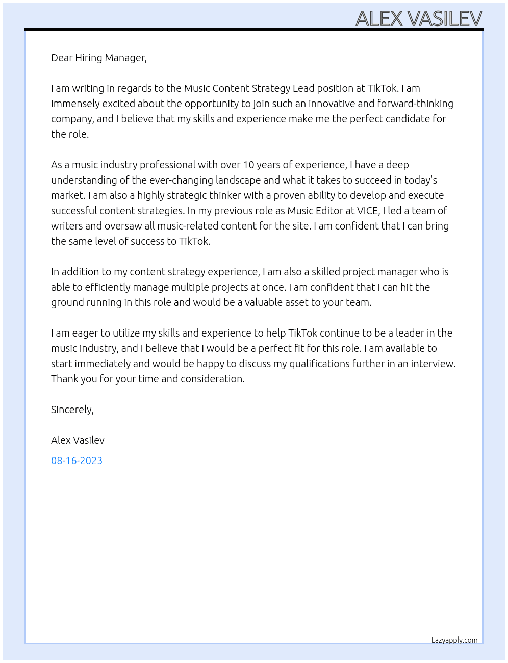 Music Content Strategy Lead At TikTok Cover Letter