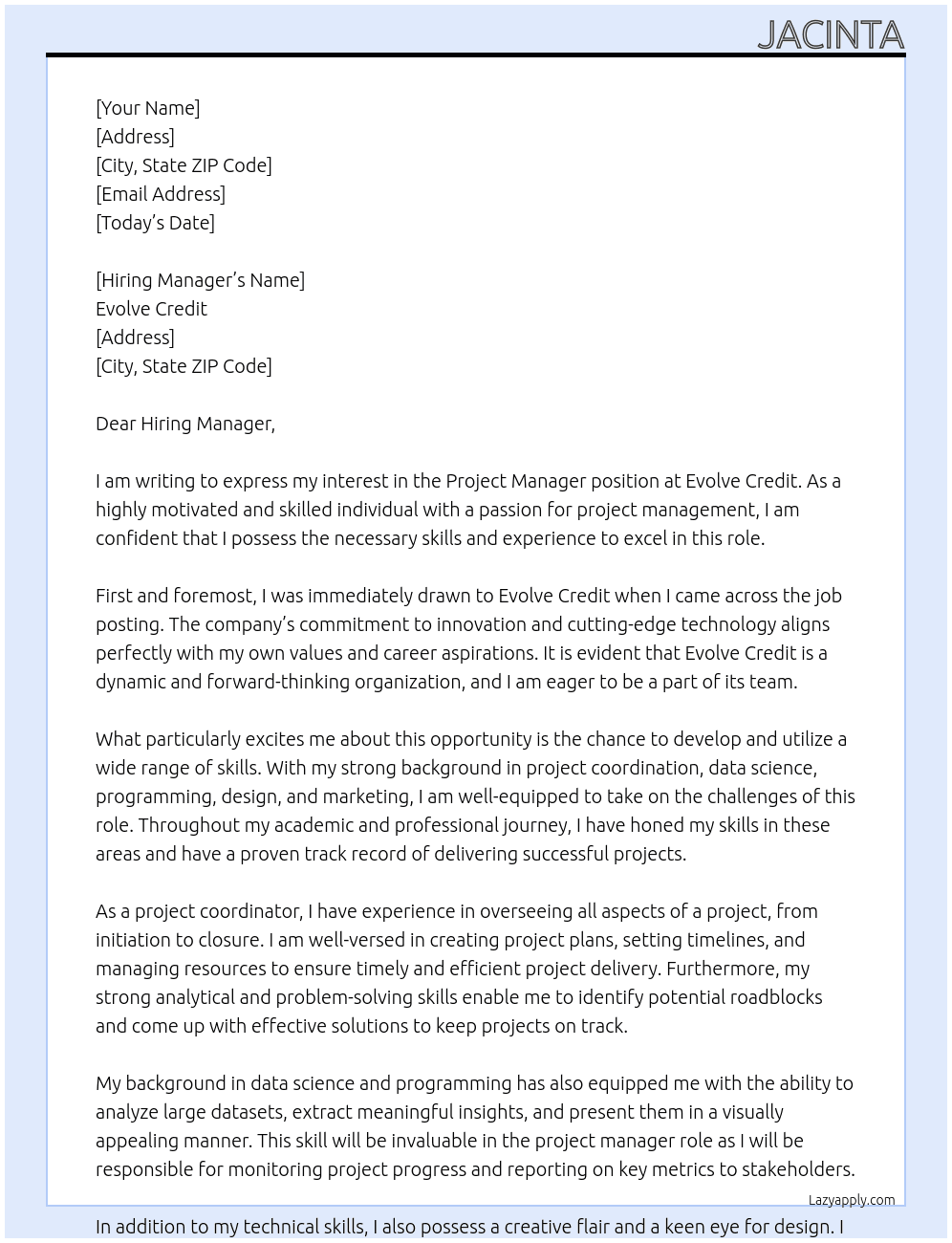 Project manager At Evolve Credit Cover Letter