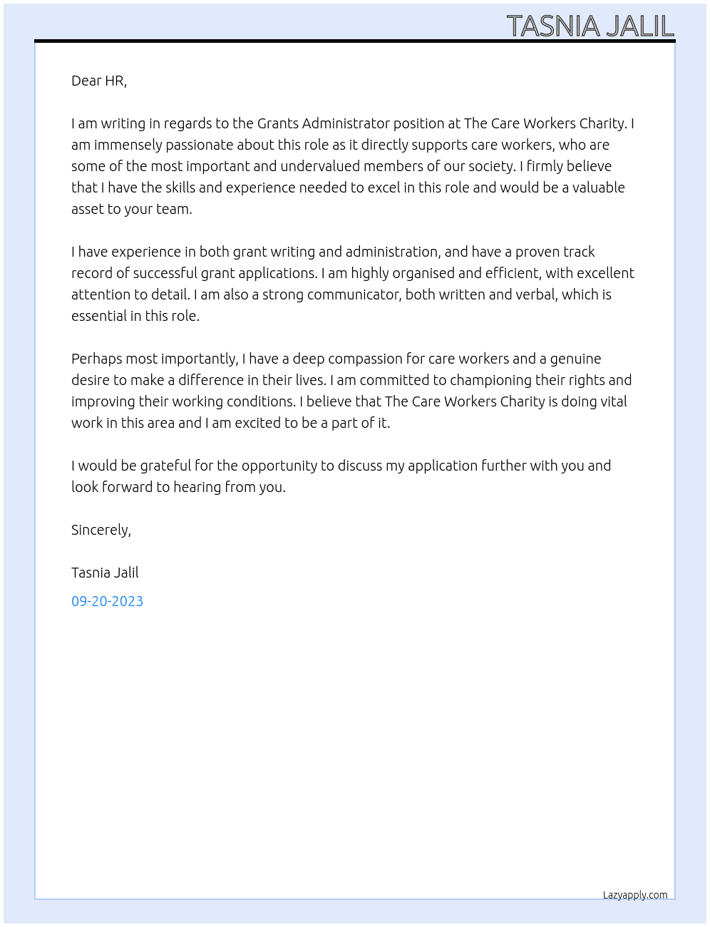 Grants Adminstrator At The Care Workers Charity Cover Letter