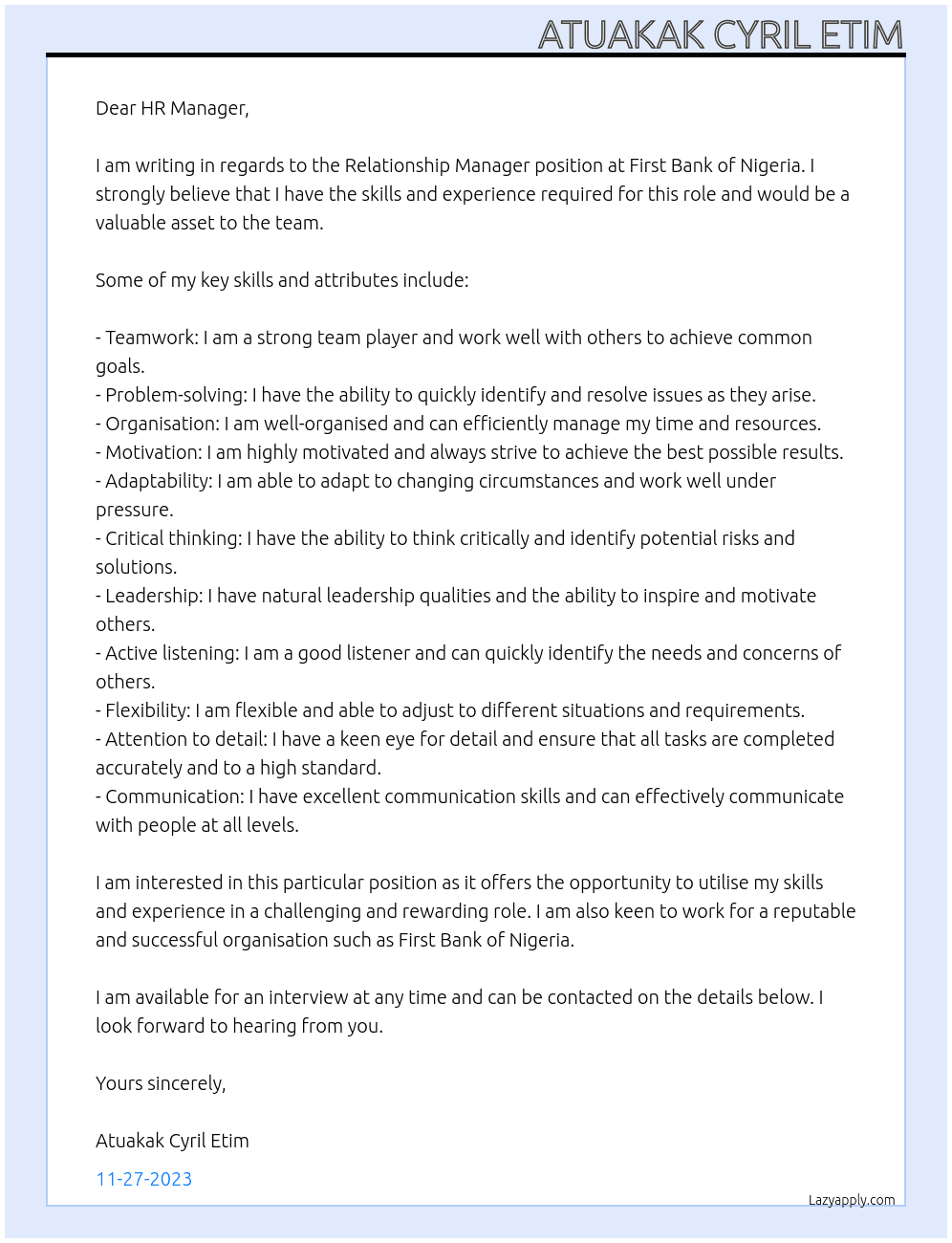 Relationship Manager At First Bank of Nigeria Cover Letter