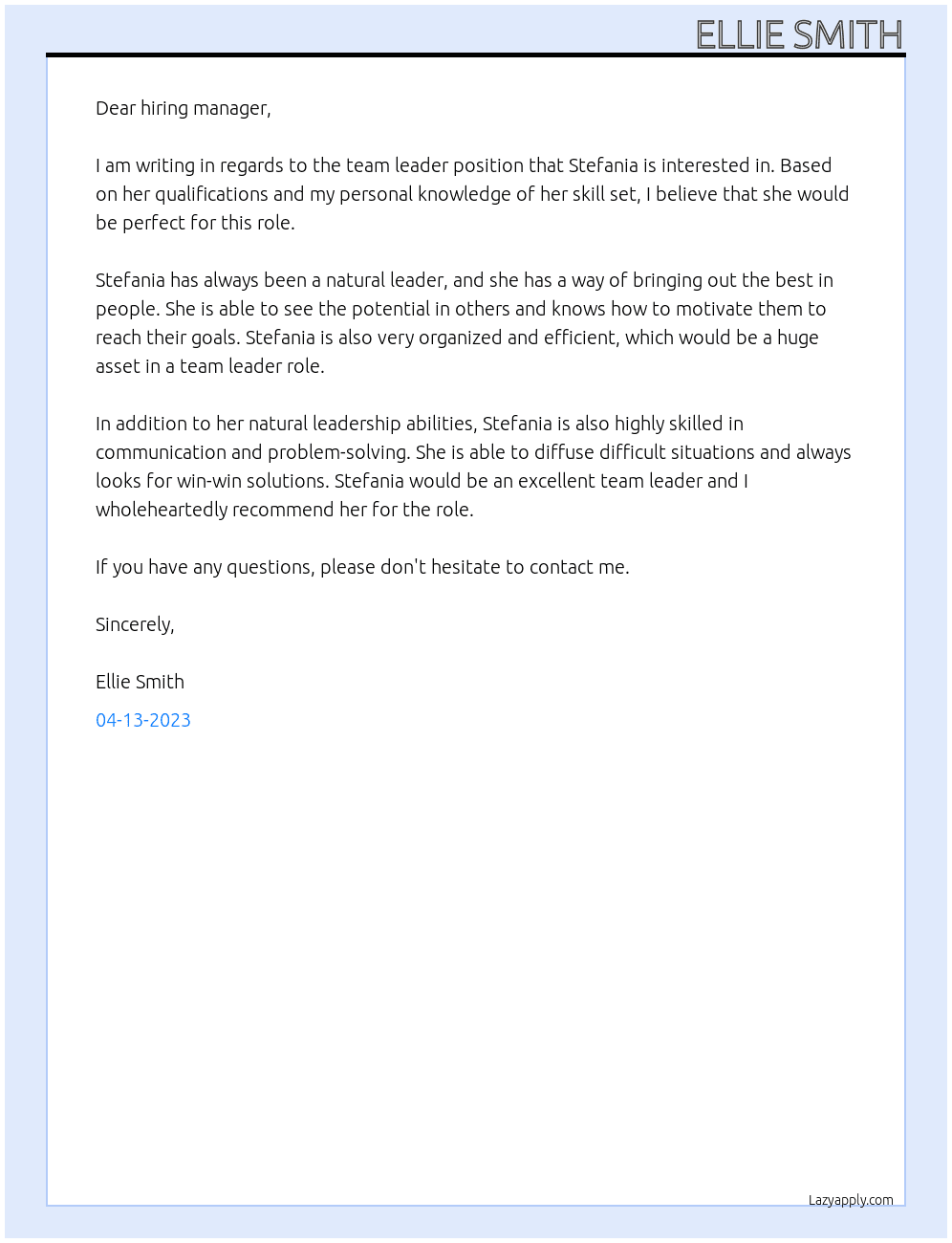 Team Leader At team leader Cover Letter