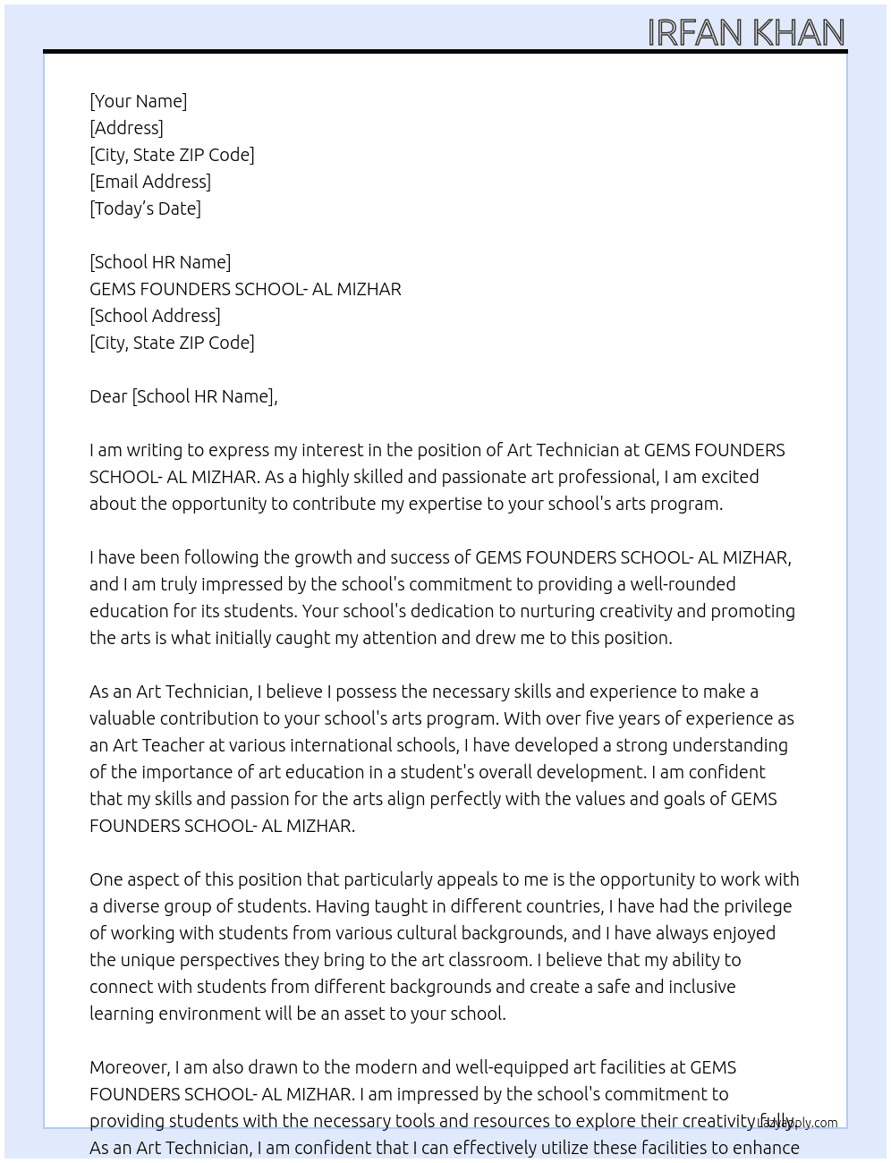 Art Technician  At GEMS FOUNDERS SCHOOL- AL MIZHAR Cover Letter