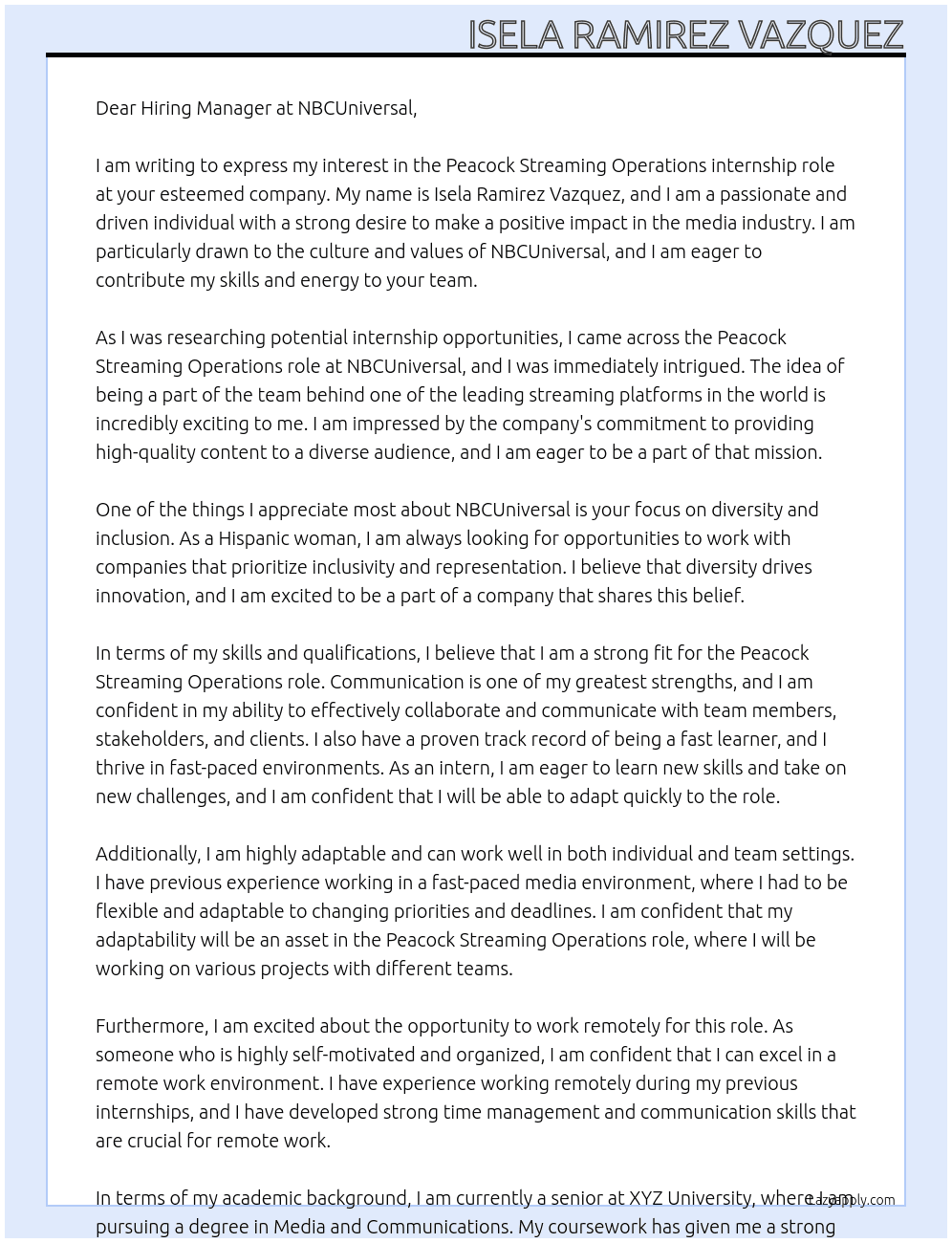 Peacock Streaming Operations  At NBCUniversal logo Cover Letter