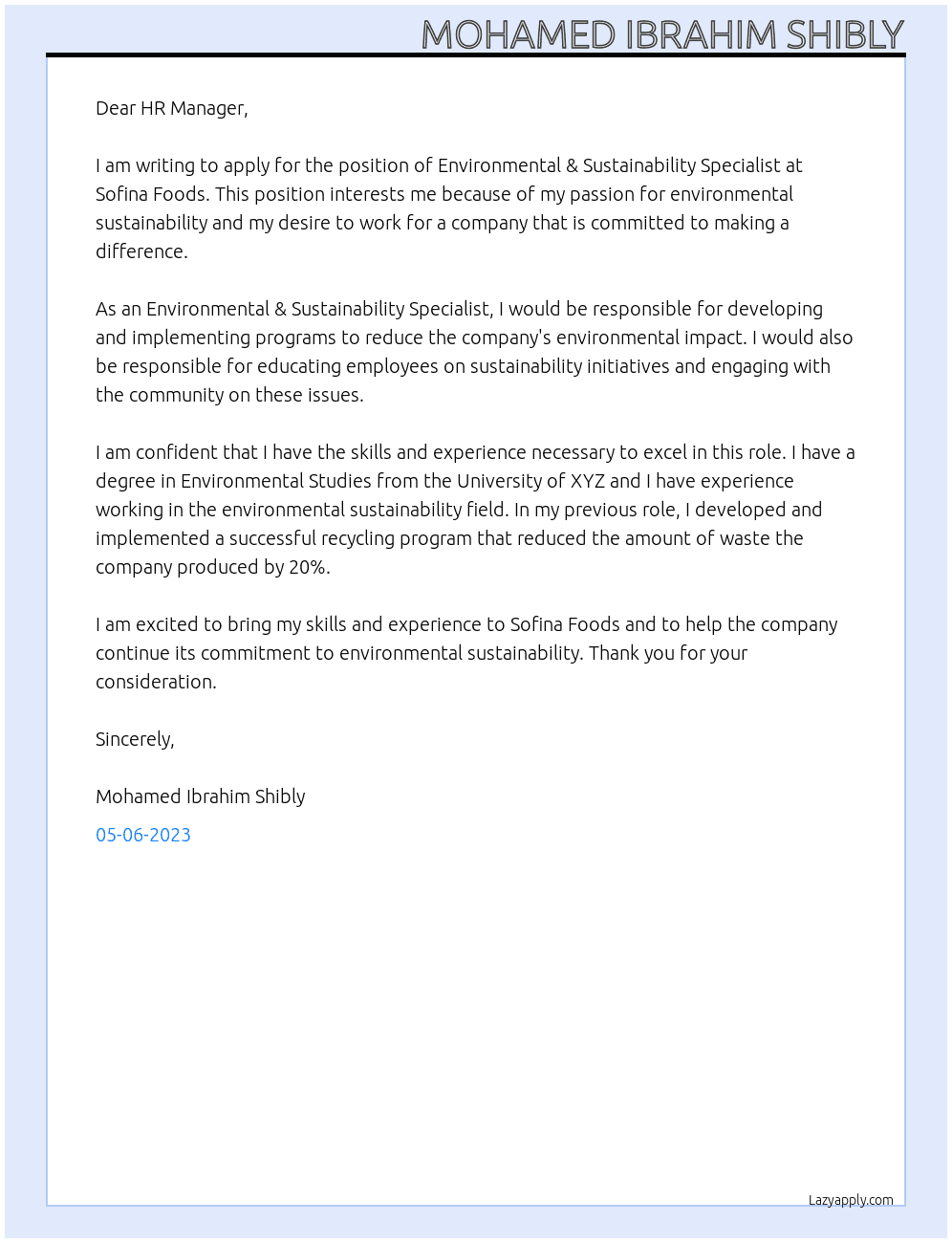 Environmental & Sustainability Specialist At Sofina foods Cover Letter