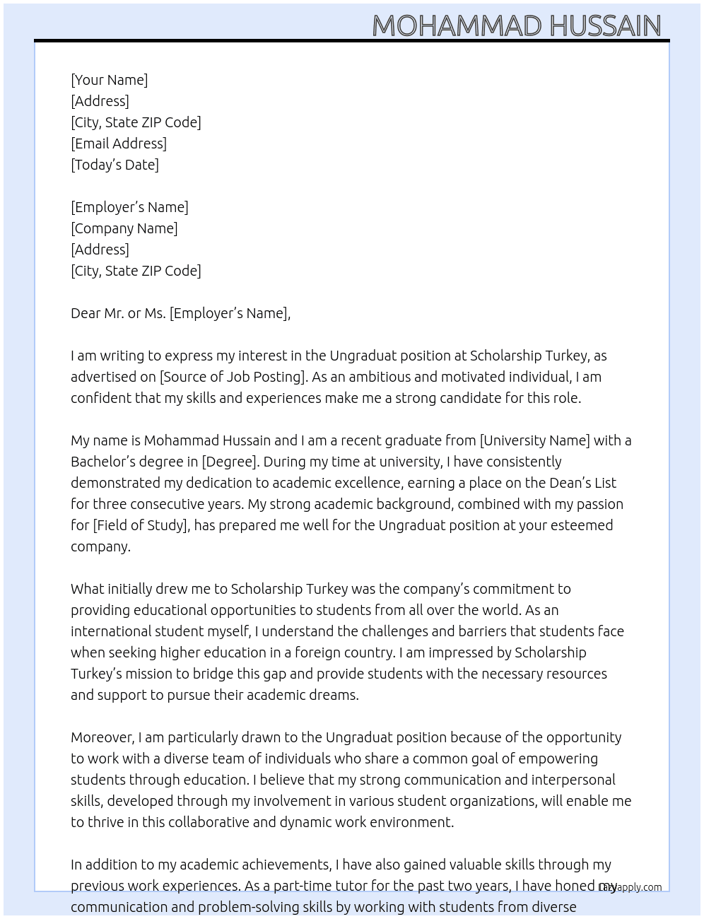 Ungraduat  At Scholarship Turkey  Cover Letter