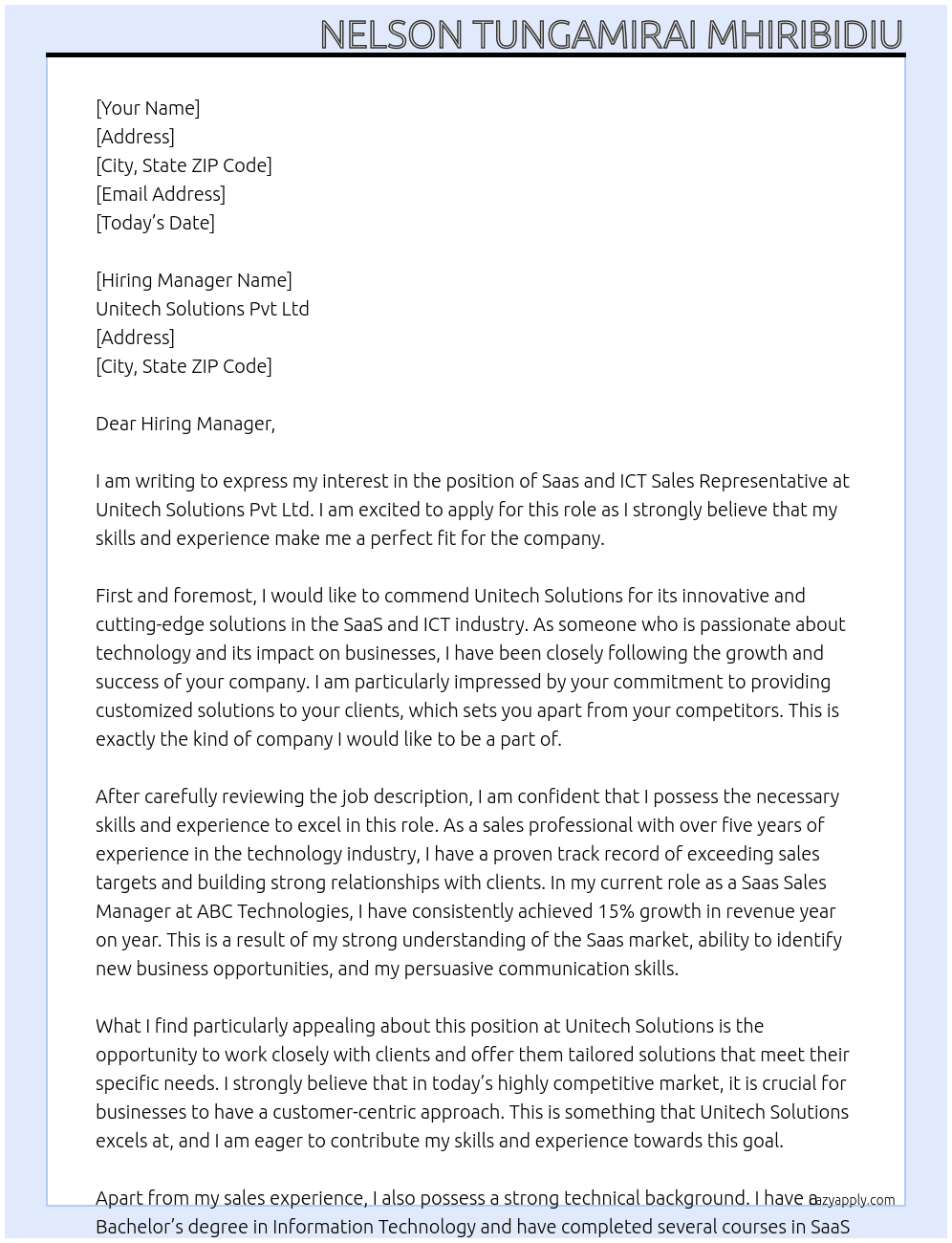 Saas And ICT Sales Representative At Unitech Solutions Pvt Ltd Cover Letter